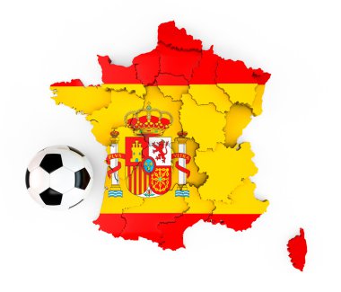 İspanya İspanyol bayrağı ile Fransa haritasında bir futbol topu