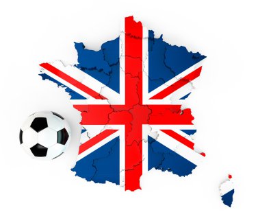A soccer ball on a France map with a England United Kingdom English British Britannia flag clipart
