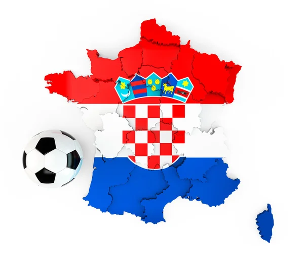 Un pallone da calcio su una mappa della Francia con una bandiera croata Croazia — Foto Stock