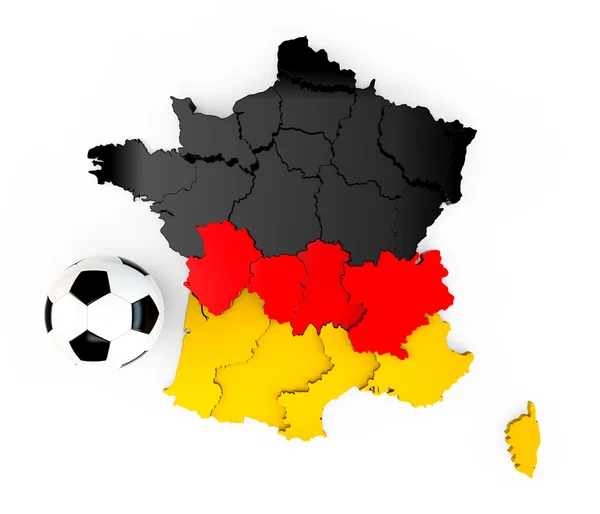 A soccer ball on a France map with a Germany German flag — Stock Photo, Image