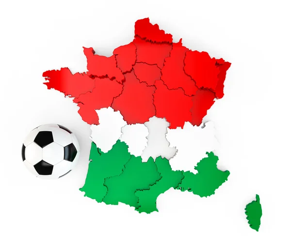 Una pelota de fútbol en un mapa de Francia con bandera húngara de Hungría —  Fotos de Stock