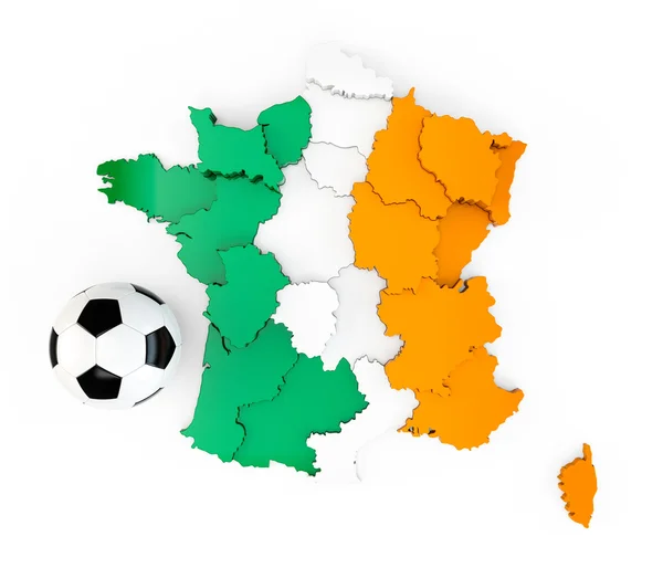 Una pelota de fútbol en un mapa de Francia con una bandera irlandesa — Foto de Stock
