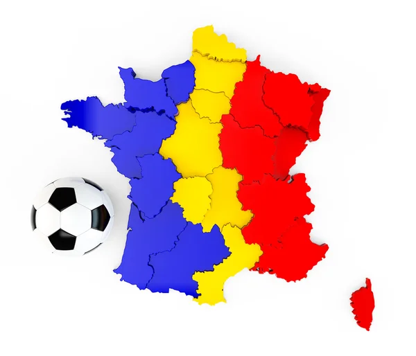 Un ballon de football sur une carte de France avec un drapeau roumain tchadien — Photo