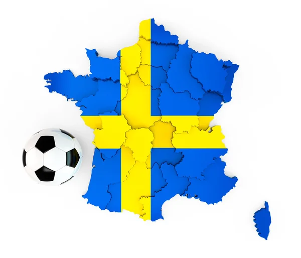 Een voetbal op een kaart van Frankrijk met een Zweedse vlag Zweden — Stockfoto
