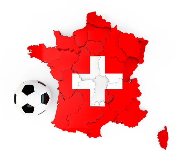 Una pelota de fútbol en un mapa de Francia con bandera suiza — Foto de Stock