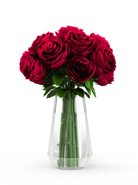 Strauß blühender dunkelroter Rosen in transparenter Vase, isoliert auf weißem Hintergrund. 3D-Darstellung, 3D-Illustration. — Stockfoto
