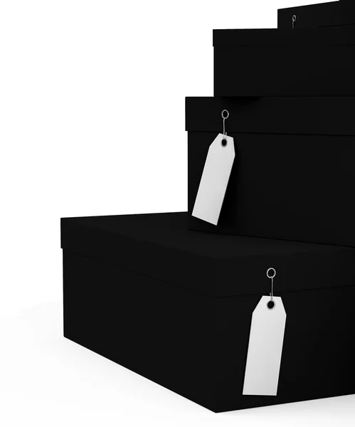 stock image Black gift boxes with price tag blank isolated on white background. 3D Rendering, 3D Illustration.