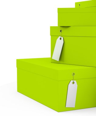 Yeşil Sarı hediye kutuları ile fiyat etiket boş beyaz arka plan üzerinde izole. 3D render, 3d çizim.