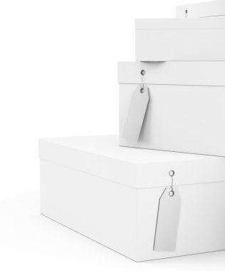 Beyaz hediye kutuları ile fiyat etiket boş beyaz arka plan üzerinde izole. 3D render, 3d çizim.