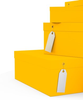 Fiyat etiketi boş beyaz arka plan üzerinde izole sarı turuncu hediye kutuları. 3D render, 3d çizim.