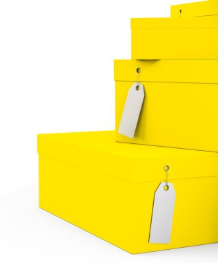 Fiyat etiketi boş beyaz arka plan üzerinde izole sarı hediye kutuları. 3D render, 3d çizim.