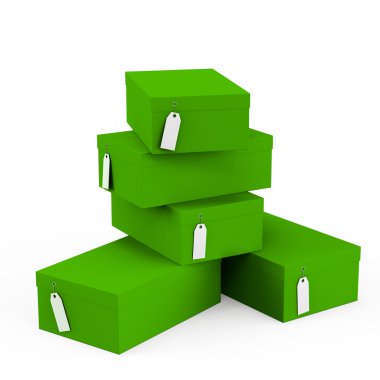 Kireç yeşil hediye kutuları ile fiyat etiket boş beyaz arka plan üzerinde izole. 3D render, 3d çizim.