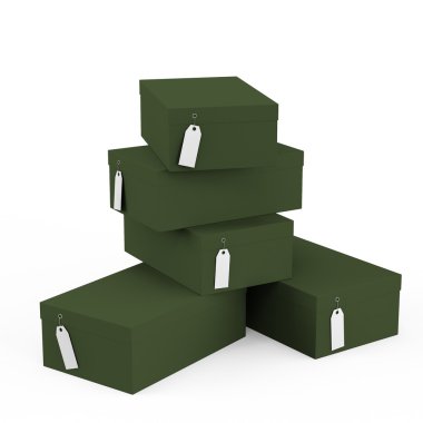 Fiyat etiketi boş beyaz arka plan üzerinde izole ile koyu yeşil hediye kutuları. 3D render, 3d çizim.