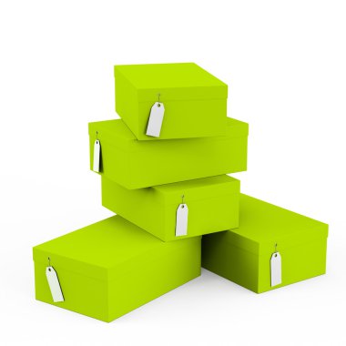 Yeşil Sarı hediye kutuları ile fiyat etiket boş beyaz arka plan üzerinde izole. 3D render, 3d çizim.