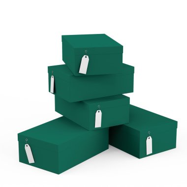 Fiyat etiketi boş beyaz arka plan üzerinde izole ile orta bahar yeşil mavi hediye kutuları. 3D render, 3d çizim.