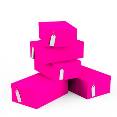 Fiyat etiketi boş beyaz arka plan üzerinde izole ile derin pembe hediye kutuları. 3D render, 3d çizim.