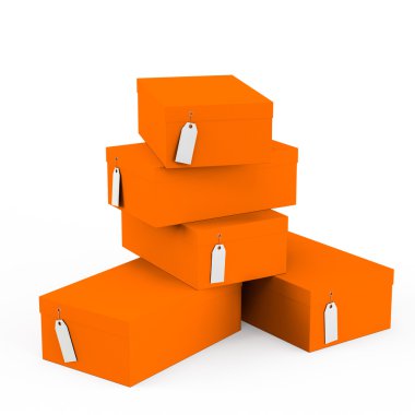 Turuncu hediye kutuları ile fiyat etiket boş beyaz arka plan üzerinde izole. 3D render, 3d çizim.