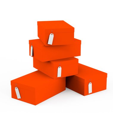 Turuncu kırmızı hediye kutuları ile fiyat etiket boş beyaz arka plan üzerinde izole. 3D render, 3d çizim.