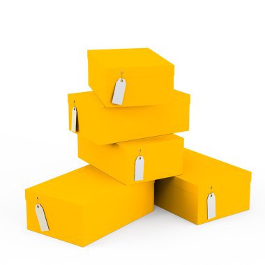 Fiyat etiketi boş beyaz arka plan üzerinde izole sarı turuncu hediye kutuları. 3D render, 3d çizim.