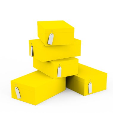 Fiyat etiketi boş beyaz arka plan üzerinde izole sarı hediye kutuları. 3D render, 3d çizim.