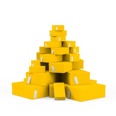 Fiyat etiketi boş beyaz arka plan üzerinde izole sarı hediye kutuları. 3D render, 3d çizim.