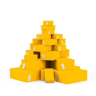 Fiyat etiketi boş beyaz arka plan üzerinde izole sarı turuncu hediye kutuları. 3D render, 3d çizim.