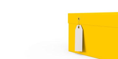 Fiyat etiketi boş beyaz arka plan üzerinde izole sarı hediye kutusu. 3D render, 3d çizim.