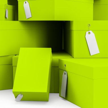 Yeşil Sarı hediye kutuları ile fiyat etiket boş. 3D render, 3d çizim.