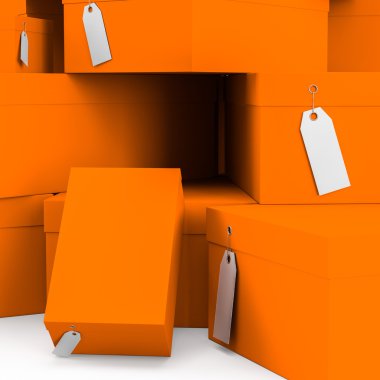 Turuncu hediye kutuları ile fiyat etiket boş. 3D render, 3d çizim.