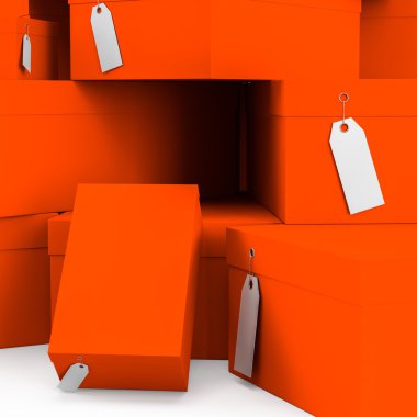 Turuncu kırmızı hediye kutuları ile fiyat etiket boş. 3D render, 3d çizim.