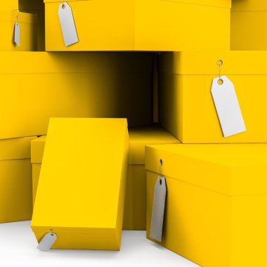 Sarı hediye kutuları ile fiyat etiket boş. 3D render, 3d çizim.