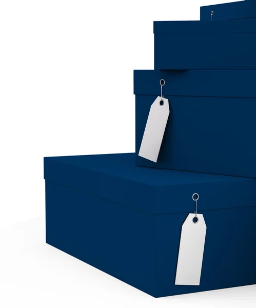 Dunkelblaue Geschenkboxen mit Preisschild leer isoliert auf weißem Hintergrund. 3D-Darstellung, 3D-Illustration. — Stockfoto