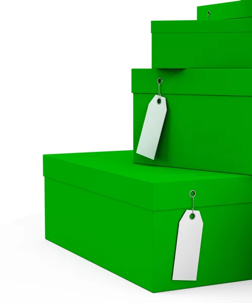 Grüne Geschenkboxen mit Preisschild leer isoliert auf weißem Hintergrund. 3D-Darstellung, 3D-Illustration. — Stockfoto