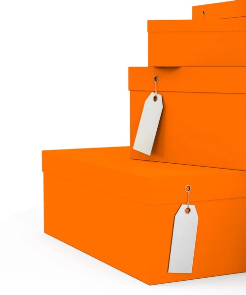 Orange Geschenkboxen mit Preisschild leer isoliert auf weißem Hintergrund. 3D-Darstellung, 3D-Illustration. — Stockfoto