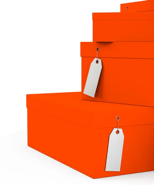 Oranje rood geschenkdozen met prijskaartje leeg geïsoleerd op een witte achtergrond. 3D-rendering, 3d illustratie. — Stockfoto