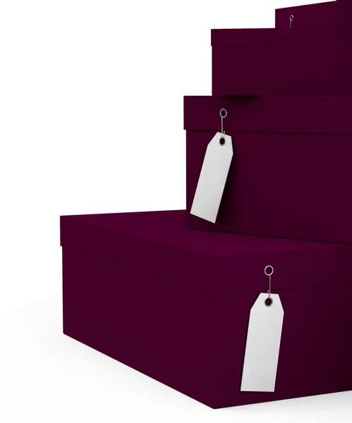 Lila Geschenkboxen mit Preisschild leer isoliert auf weißem Hintergrund. 3D-Darstellung, 3D-Illustration. — Stockfoto