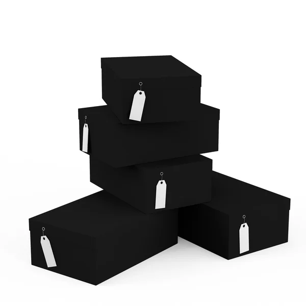 Schwarze Geschenkboxen mit Preisschild leer isoliert auf weißem Hintergrund. 3D-Darstellung, 3D-Illustration. — Stockfoto