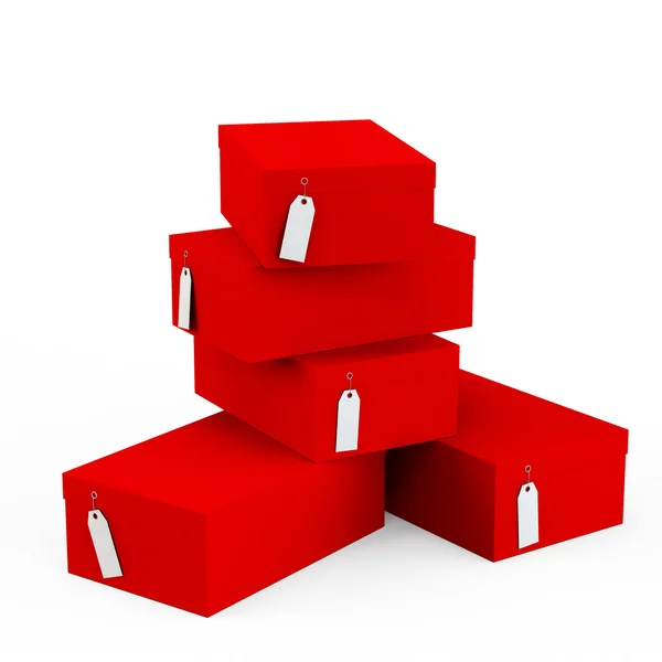 Red gift boxes with price tag blank isolated on white background. 3D Rendering, 3D Illustration. — Stock Photo, Image