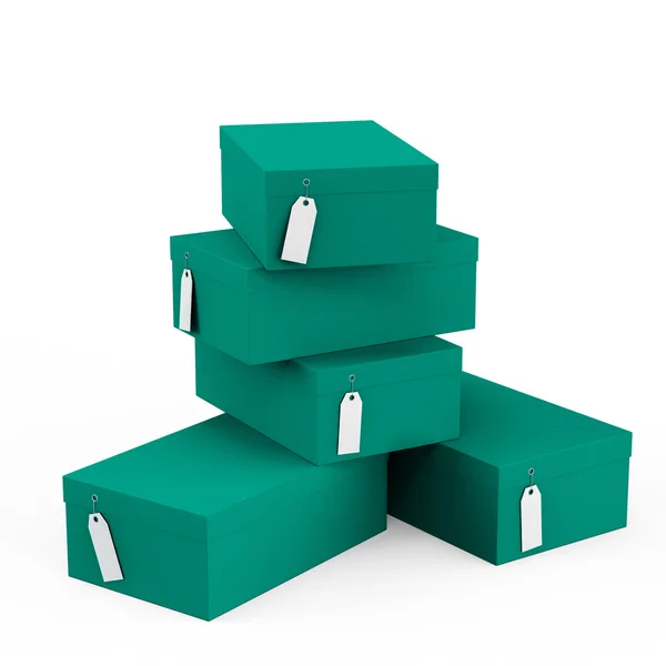 Medium Spring Green Cyan cajas de regalo con etiqueta de precio en blanco aislado sobre fondo blanco. Representación 3D, Ilustración 3D . — Foto de Stock