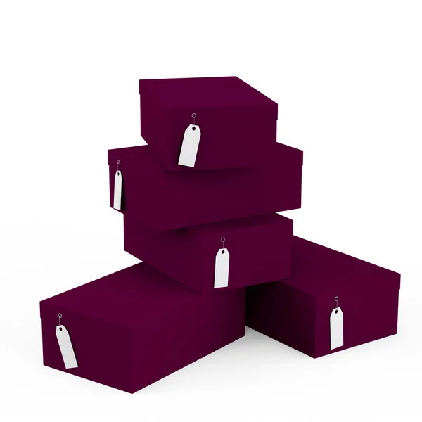 Fialový dárkové krabičky s cenovkou prázdné izolovaných na bílém pozadí. vykreslování 3D, 3d ilustrace. — Stock fotografie