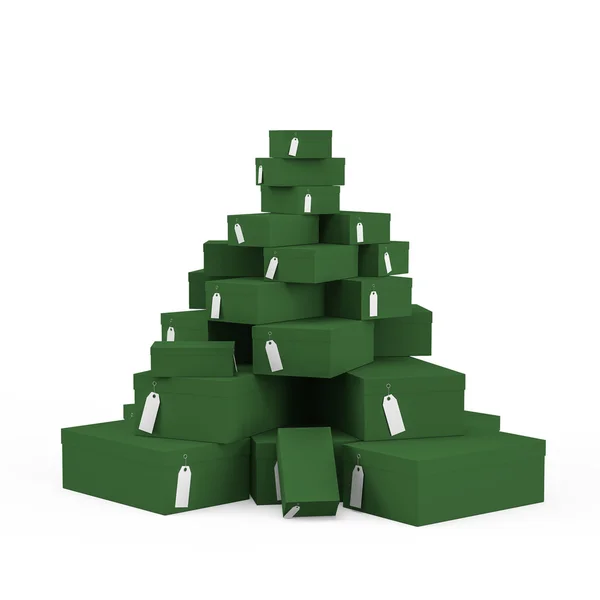 Donker groene geschenkdozen met prijskaartje leeg geïsoleerd op een witte achtergrond. 3D-rendering, 3d illustratie. — Stockfoto