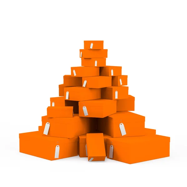 Orange gift boxes with price tag blank isolated on white background. 3D Rendering, 3D Illustration. — Stock Photo, Image