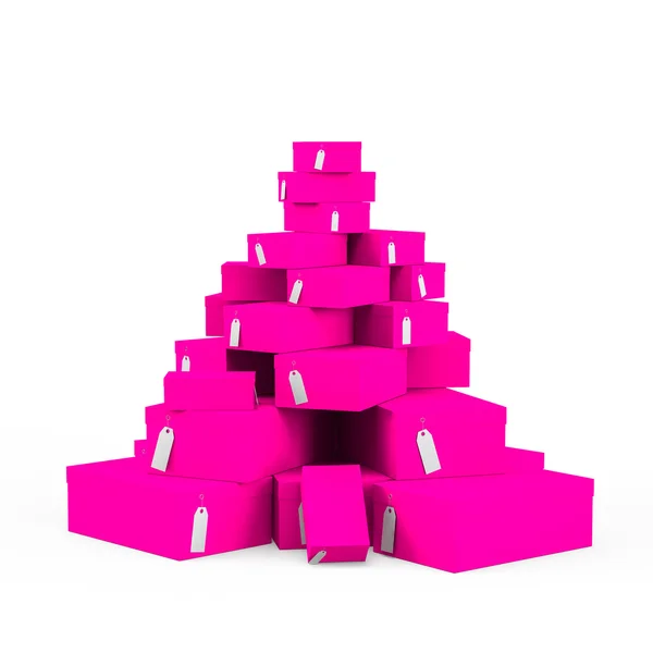 Diep roze geschenkdozen met prijskaartje leeg geïsoleerd op een witte achtergrond. 3D-rendering, 3d illustratie. — Stockfoto