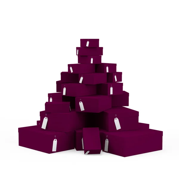 Purple gift boxes with price tag blank isolated on white background. 3D Rendering, 3D Illustration. — Stock Photo, Image