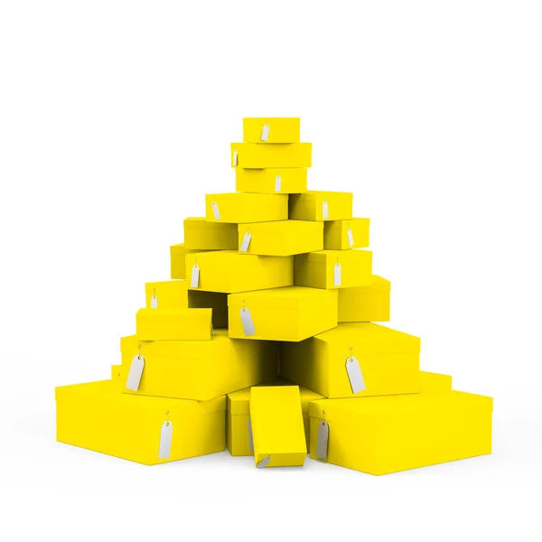 Fiyat etiketi boş beyaz arka plan üzerinde izole sarı hediye kutuları. 3D render, 3d çizim. — Stok fotoğraf