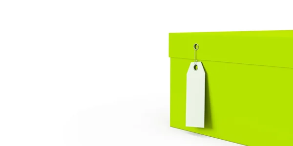 Grün gelbe Geschenkbox mit Preisschild leer isoliert auf weißem Hintergrund. 3D-Darstellung, 3D-Illustration. — Stockfoto