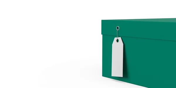Medium spring green cyan gift box mit preisschild blank isoliert auf weißem hintergrund. 3D-Darstellung, 3D-Illustration. — Stockfoto