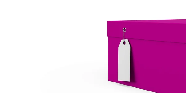 Caja de regalo púrpura con etiqueta de precio en blanco aislado sobre fondo blanco. Representación 3D, Ilustración 3D . —  Fotos de Stock
