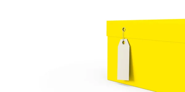 Caixa de presente amarelo com preço em branco isolado no fundo branco. Renderização 3D, Ilustração 3D . — Fotografia de Stock