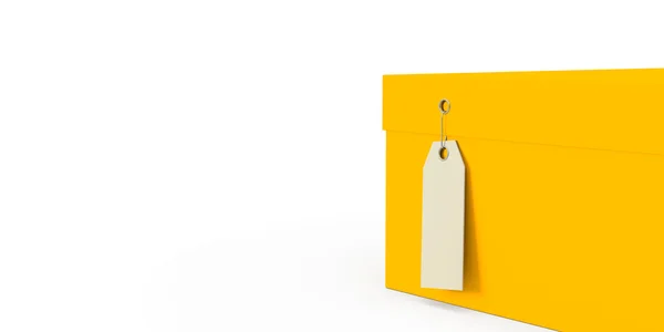 Gelb orange Geschenkbox mit Preisschild leer isoliert auf weißem Hintergrund. 3D-Darstellung, 3D-Illustration. — Stockfoto
